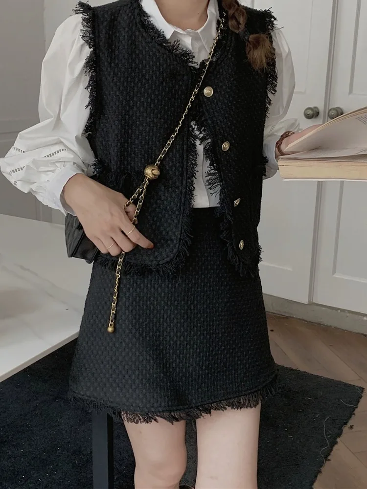 

ADAgirl Elegant White Lantern Sleeve Shirt Women Slim Black A-line Mini Skirt Sleeveless Cardigan Coat Ladies 3piece Set Outfits