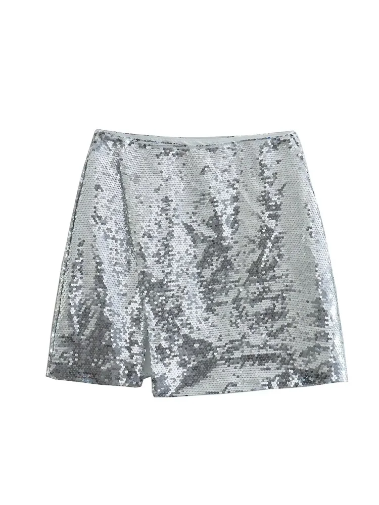 

MESTTRAF French Design Sexy 2022 Women Silver Sequins Split Hem Y2K Mini Skirt Vintage High Waist Fitted Female Skirts