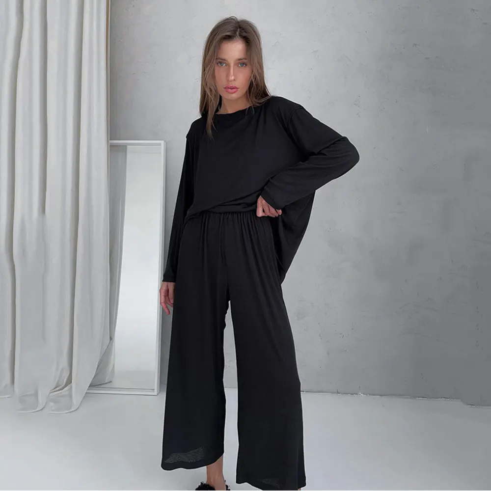 Women Spring Autumn Fashion Pajama Set Round Collar Knit Solid Color Loose Simple Outside Wear Home Clothing