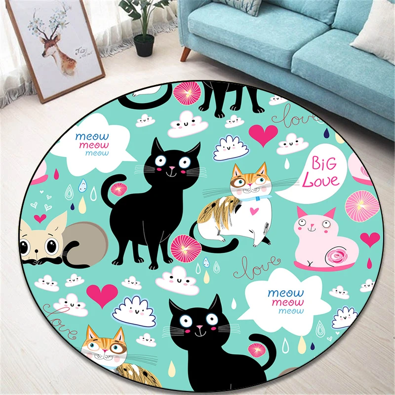 

Cartoon Cat Printed Round Carpet for Living Room，Children Play Room Rug，Doormat，Bedroom E-sports Chair Non Slip Mats
