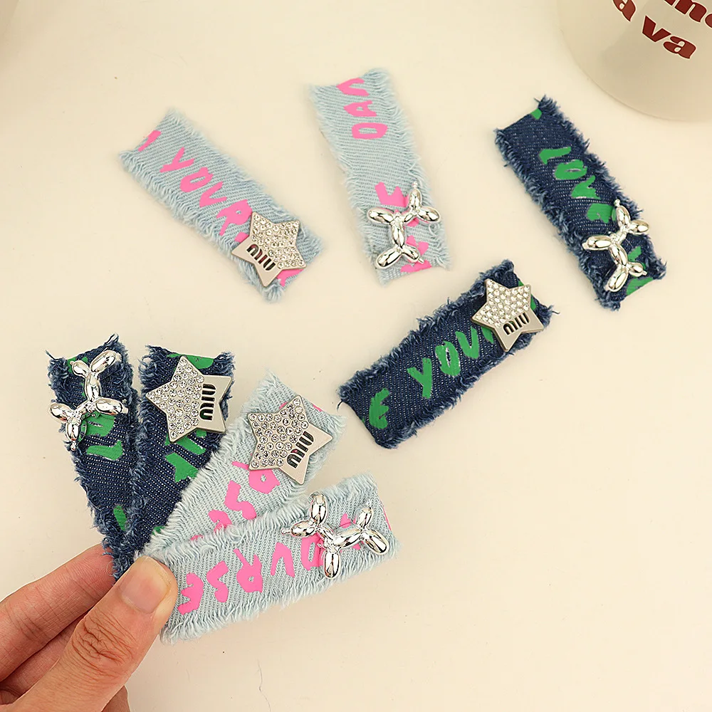 

Vintage Hair Clips Letters Denim Fabric Barrettes Star Puppy Geometric Solid Color Side Pins Korean Women Girls Hair Accessories
