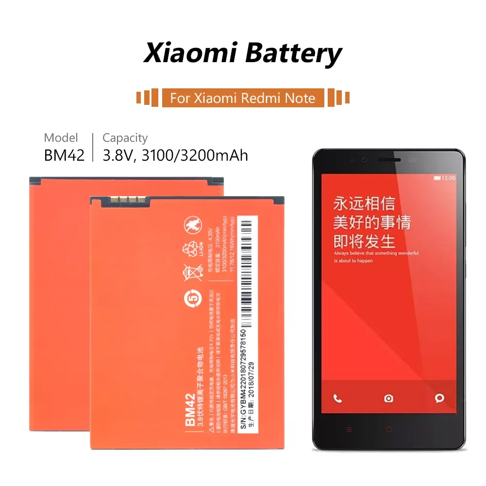 

1PC Rechargeable 3.8V 3100/3200mAh BM42 BM 42 Lithium Li-ion Rechargeable Battery For Xiaomi Redmi Note (Hongmi Note)