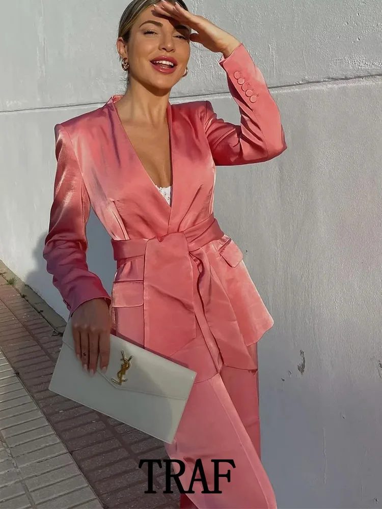 

TRAF ZA&ree 2022 Woman 2 Pieces Blazer Sets Office Texture Long Sleeve Blazer With Belt Tie + Wide Leg Trousers Commute Sets