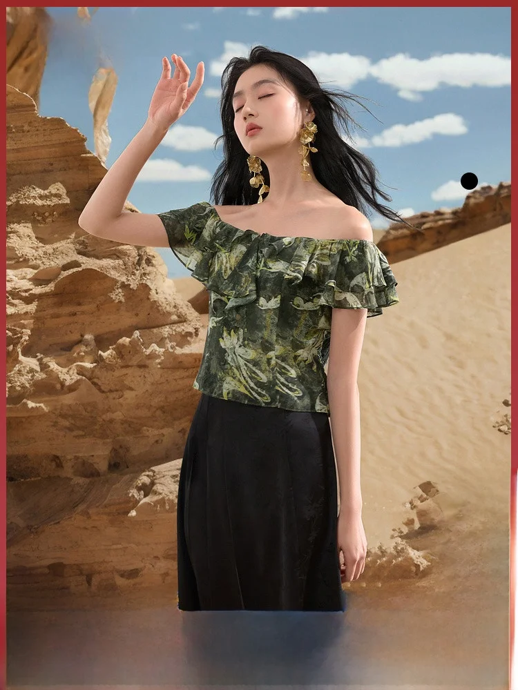 [Tricolor Dream Dunhuang X Linghua Cong] 2024 новый летний топ с оборками на талии китайский тонкий