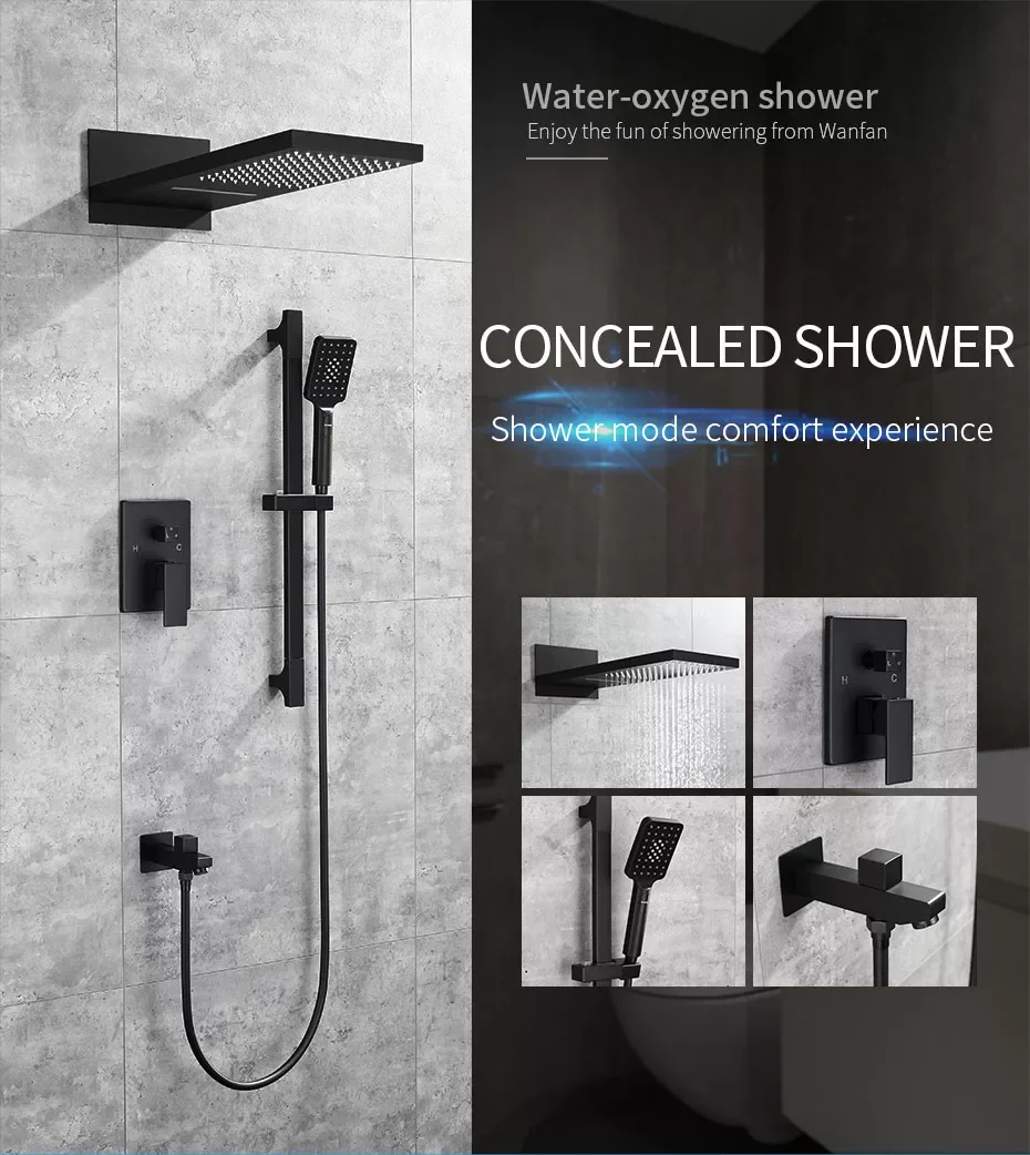 

Bathtub Faucets Black Bath Rain Shower Wall Concealed Bathroom Faucets Shower Set Faucet Mixer Black Mixer Set Crane FS-877865R