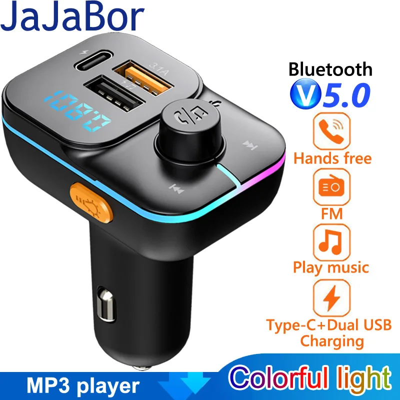 

JaJaBor Car FM Transmitter MP3 Player USB C 3.1A Fast Charging Car Charger Wireless Handsfree Bluetooth 5.0 Car Kit FM Modulator