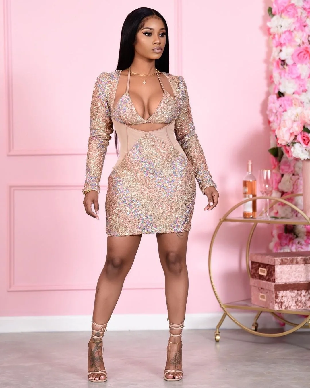 

YUHE Summer New Sexy Fashion Temperament Printed Sequins Long-Sleeved Hip Mini Dress Nightclub Party A7127