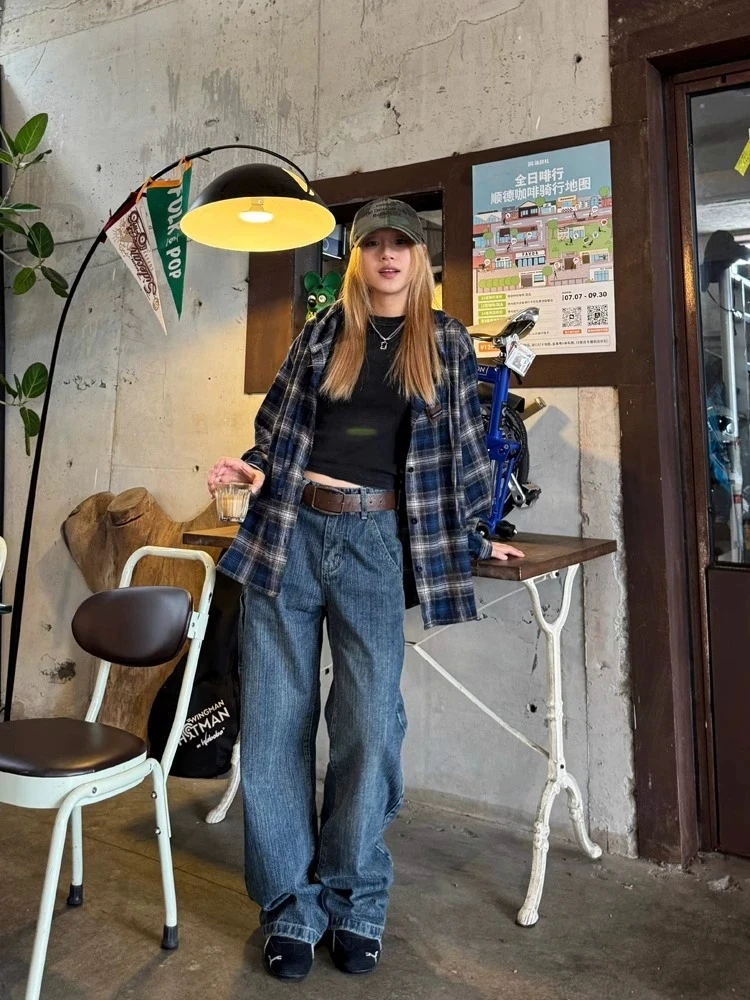 Фото Винтажные клетчатые рубашки женские Harajuku с длинным рукавом в американском стиле блузки с капюшоном на шнурке свободная повседневная уличная одежда весна №3
