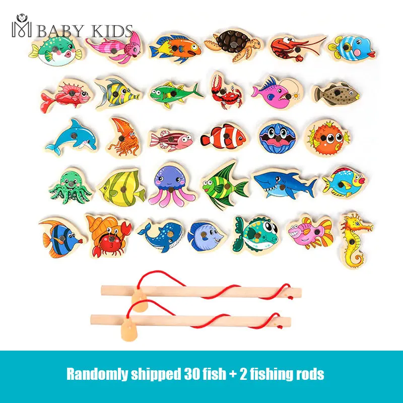 

Montessori Wooden Magnetic Fishing Toys for Baby Cartoon Marine Life Cognition Fish Games Education Parent-Child Interactive