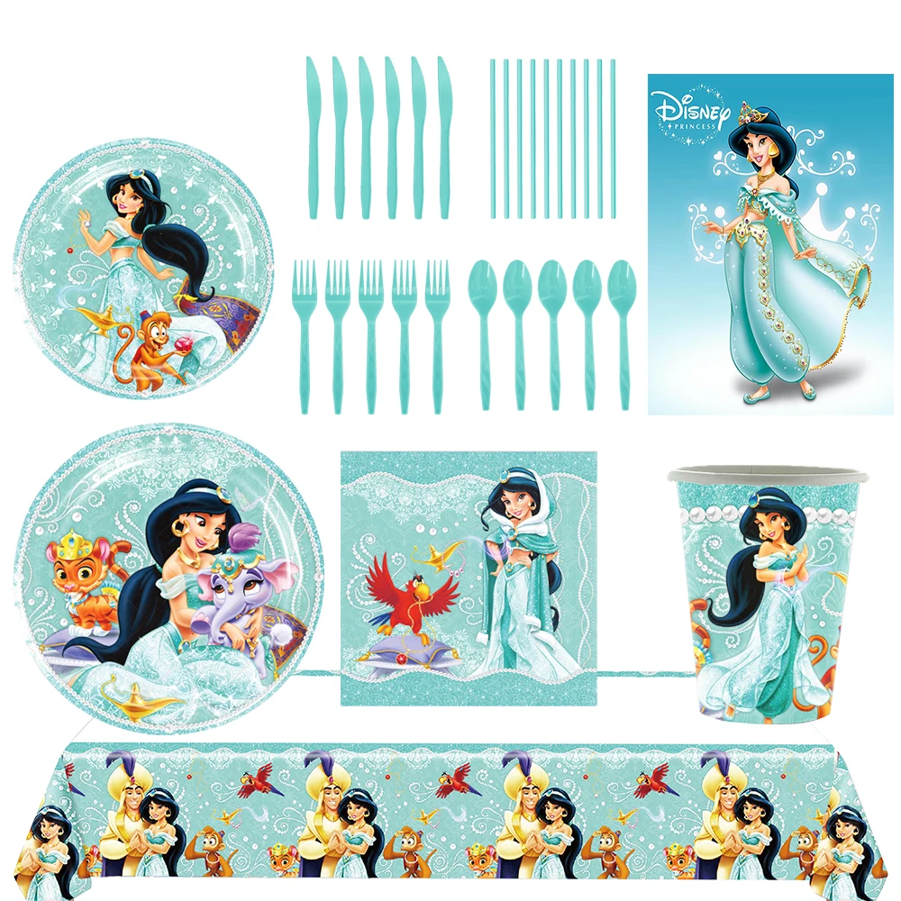 

Cartoon Disney Jasmine Aladin And The MagicLamp Princess Theme Birthday Party Supplies Disposable TablewareSet Baby Shower Gift