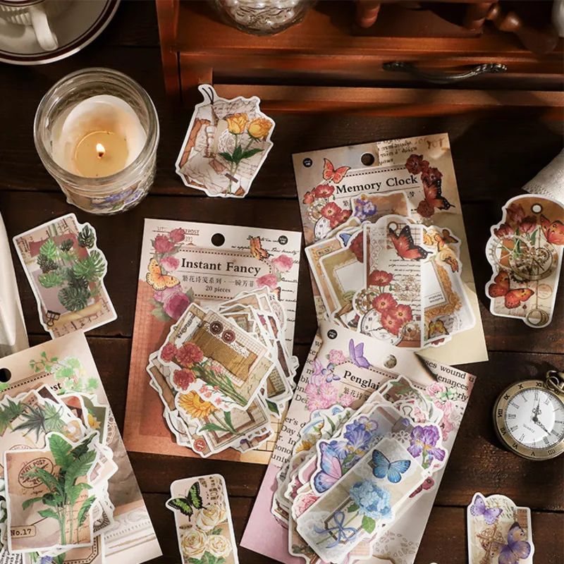 

20sheet Diary Sticker Scrapbooking Planner Diy Decorative Label Stationery Retro Flowers Plant Album Sticker Accessories