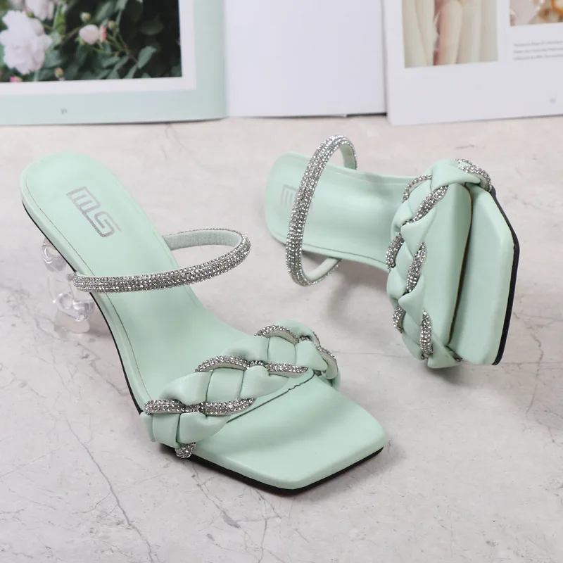 Women High-Heeled Sandals Summer New Rhinestone Hand-woven with Crystal Heel Sandals Fashion Sexy Women's Slippers 8CM