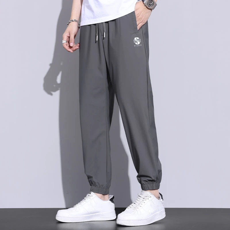 Новинка мужские Модные брендовые брюки из ледяного шелка свободные спортивные с