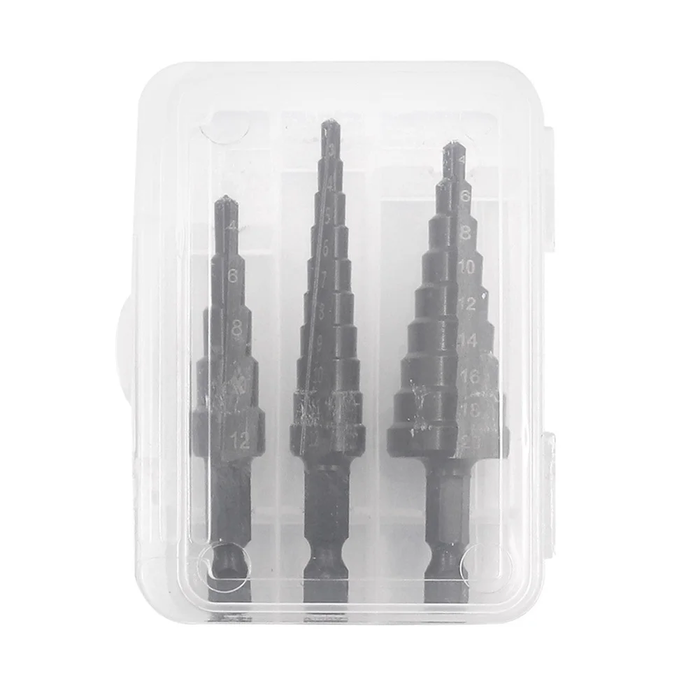 

3Pcs Sets 4-12mm 4-20mm 4-20mm HSS Straight Groove Hex Shank Titanium Coated Step Drill Bit In Cloth Bag