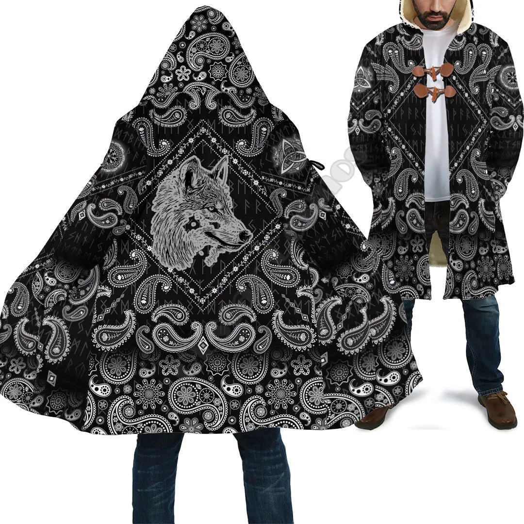 Viking Cloak - Wolf with Bandana Paisley 3D Printed Winter Hooded Cloaks Fleece Wind Breaker Unisex Warm Overcoat