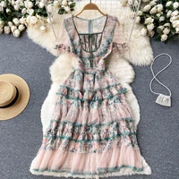 brand summer mesh cascading ruffles cake dress for women clothing short sleeve beading flower print sweet bow female vestidos