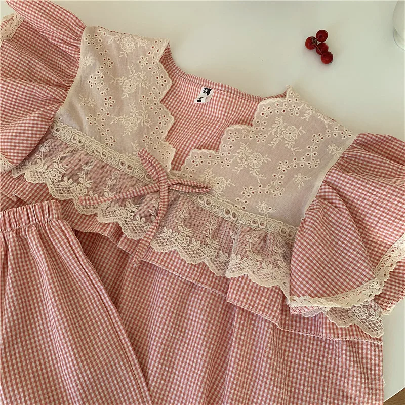 Korean Cute Lacework Embroidery Princess Nightgown Women Summer Short Sleeve Plaid Sleepdress Bow Tie Home Clothes Ruffles S075