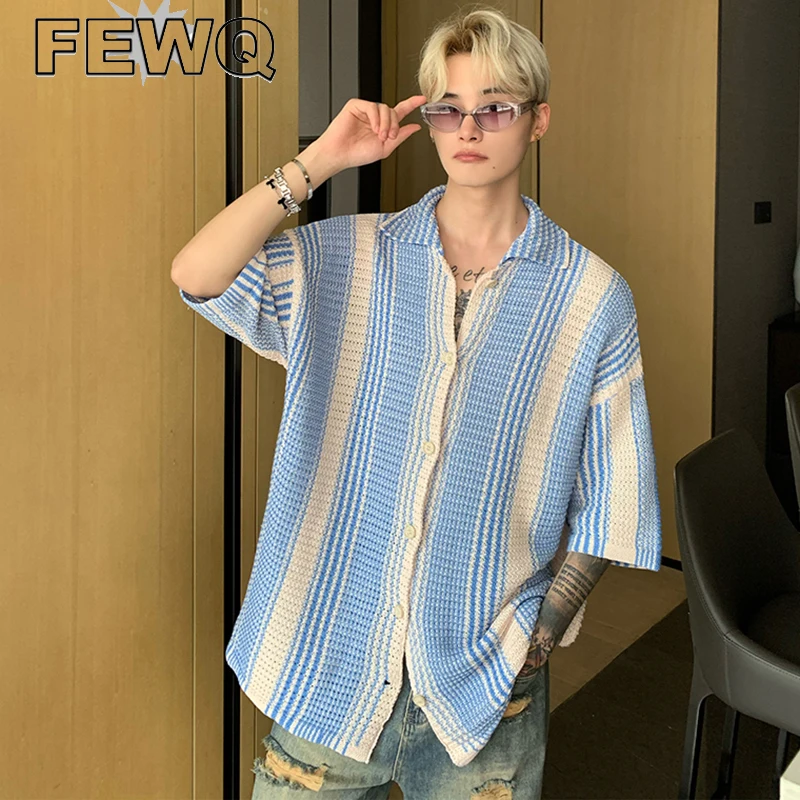 

FEWQ Knitted Men's Short Sleeve Shirts Stitching Color Korean Fashion Knits Wear Niche Design Cardigan 2023 Casual Tops 9C1059