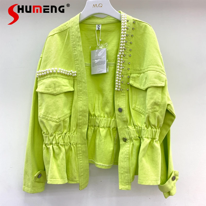 

Heavy Beads Rhinestones Short Jean Jackets Women 2022 Spring Autumn V-neck Slimming Waist Ins Trendy Fall Denim Jacket for Women