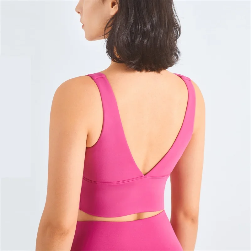 Solid Color Fitness Bra Women Sports Tank Tight Gym Yoga Vest Crop Top Ribbed Square Neck High Collar To Prevent Glare Chest Pad