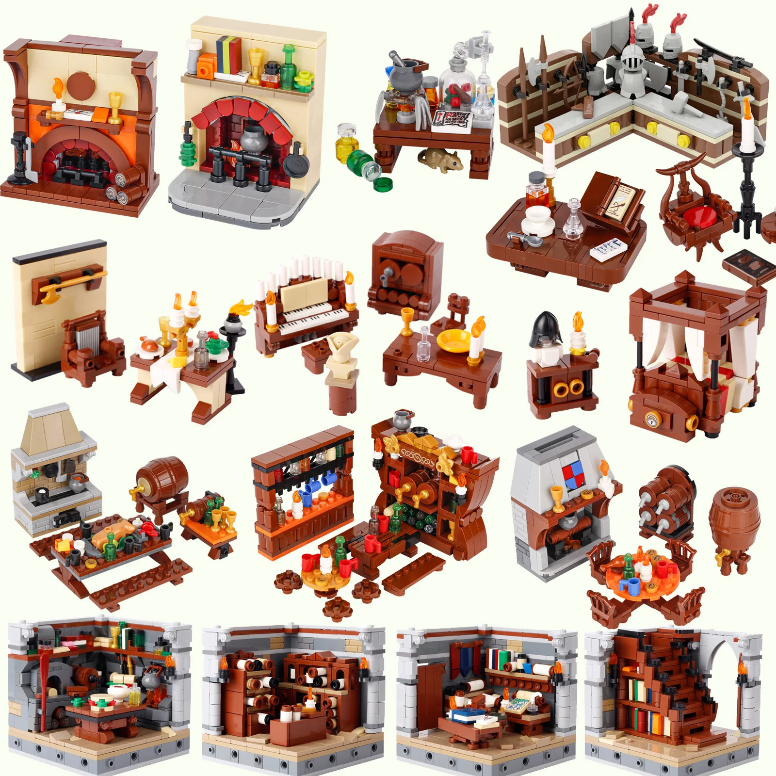 MOC Medieval Furniture Pharmacist Wine Barrel Bar Scrolls Cabinet Building Blocks Piano Bookshelf Paper Map bedrooms Bricks Toys