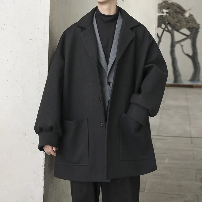 Winter Mid-length Woolen Coat Men Warm Fashion 5 Colors Casual Oversized Woolen Coat Men Korean Loose Trench Coat Mens Overcoat