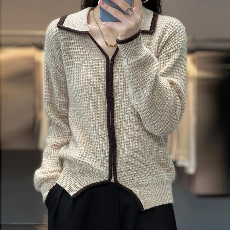 

Женский пуловер с лацканами из 100% шерсти, свободный короткий вязаный простой женский кашемировый свитер с длинными рукавами, лидер продаж, домашний стиль