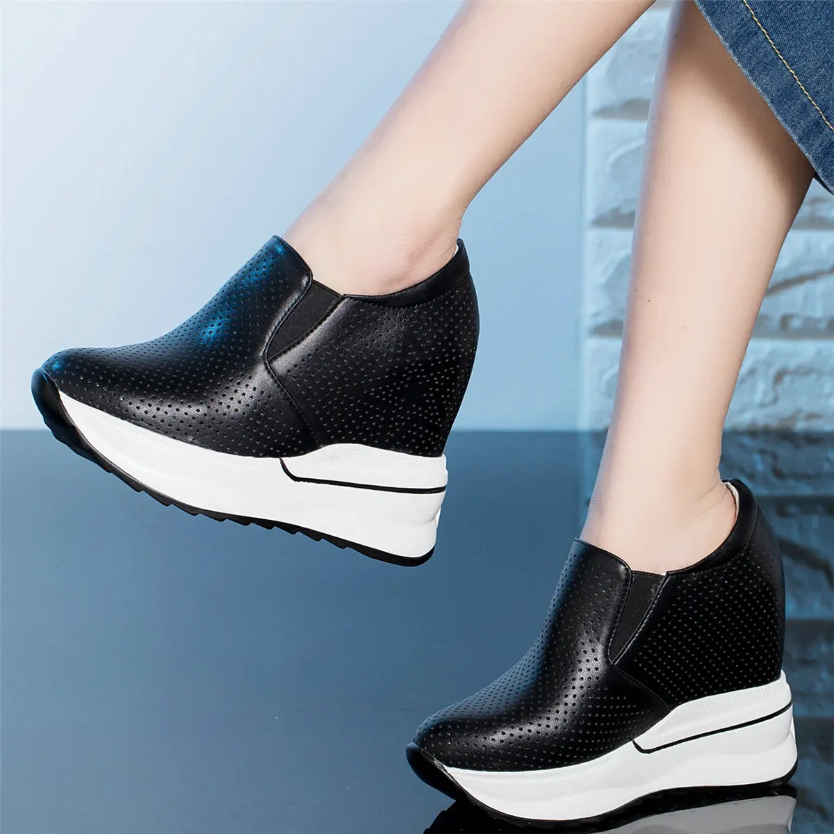 12cm Super High Heels Shoes Women Breathable Cow Leather Wedges Platform Pumps Female Round Toe Fashion Sneakers Casual Shoes