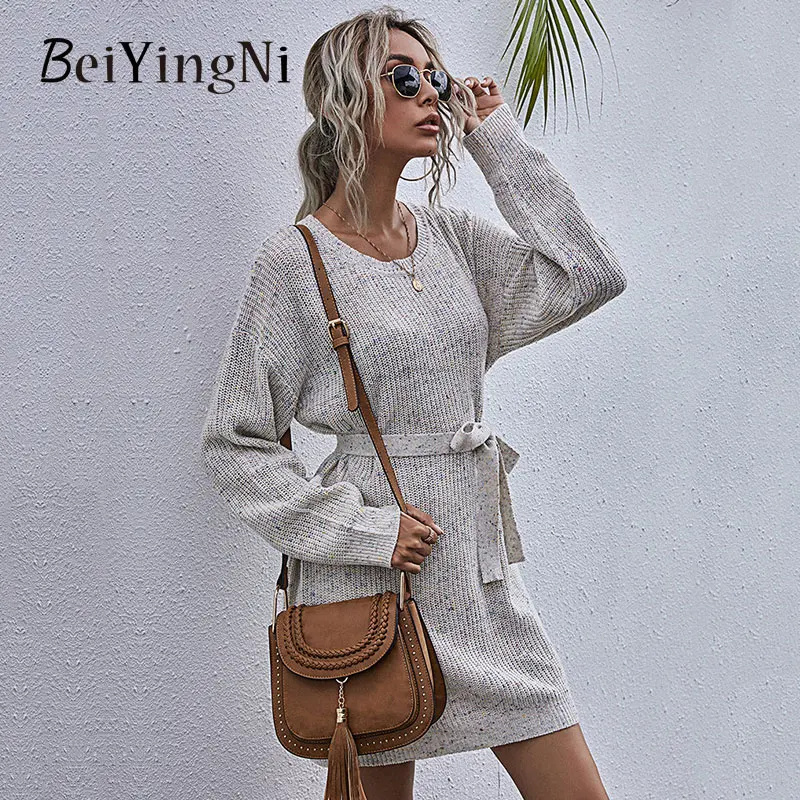 

Однотонные женские платья-свитеры Beiyingni с круглым вырезом и длинным рукавом, свободное вязаное женское платье на шнуровке 2022, винтажные пов...