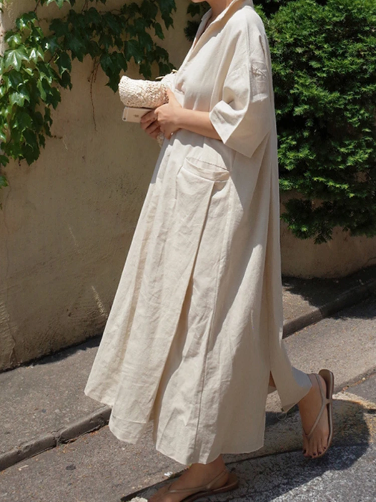 

платье летнее женское Женское винтажное платье с V-образным вырезом, однотонное свободное платье выше колена из хлопка и конопли, с коротким рукавом и карманами, большие размеры, лето 2023