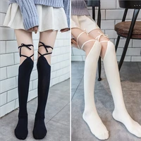 cross tie over knee socks woman sexy long tube calf socks female japanese middle high tube stockings knee socks