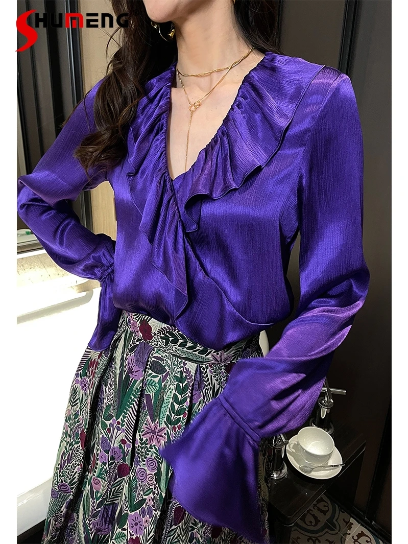 Purple Tops Ladies French V-neck Summer Comfortable Pullover Ruffled Loose Long Bell Sleeve Blouses for Women 2022 Blusa Mujer