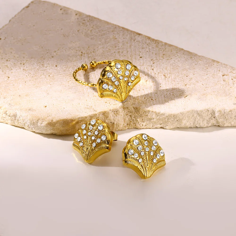 Delikatny pierścionek z cyrkonią dla kobiet złoty kolor muszla ze stali nierdzewnej otwarte pierścionki Vintage ślub para biżuteria akcesoria