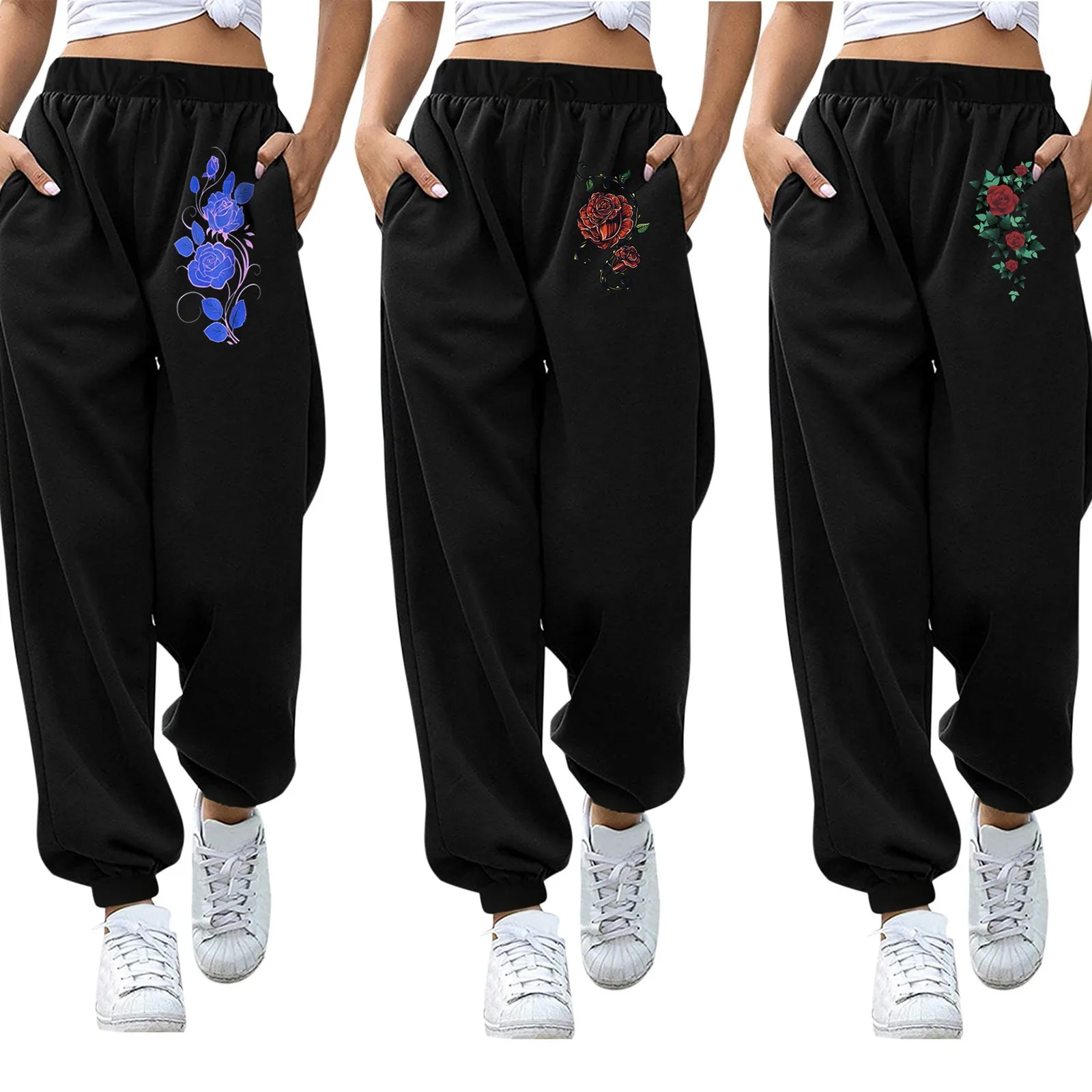 

Женские брюки со средней талией, черные длинные брюки с принтом бабочки и широкими штанинами, повседневные офисные свободные брюки с карманами