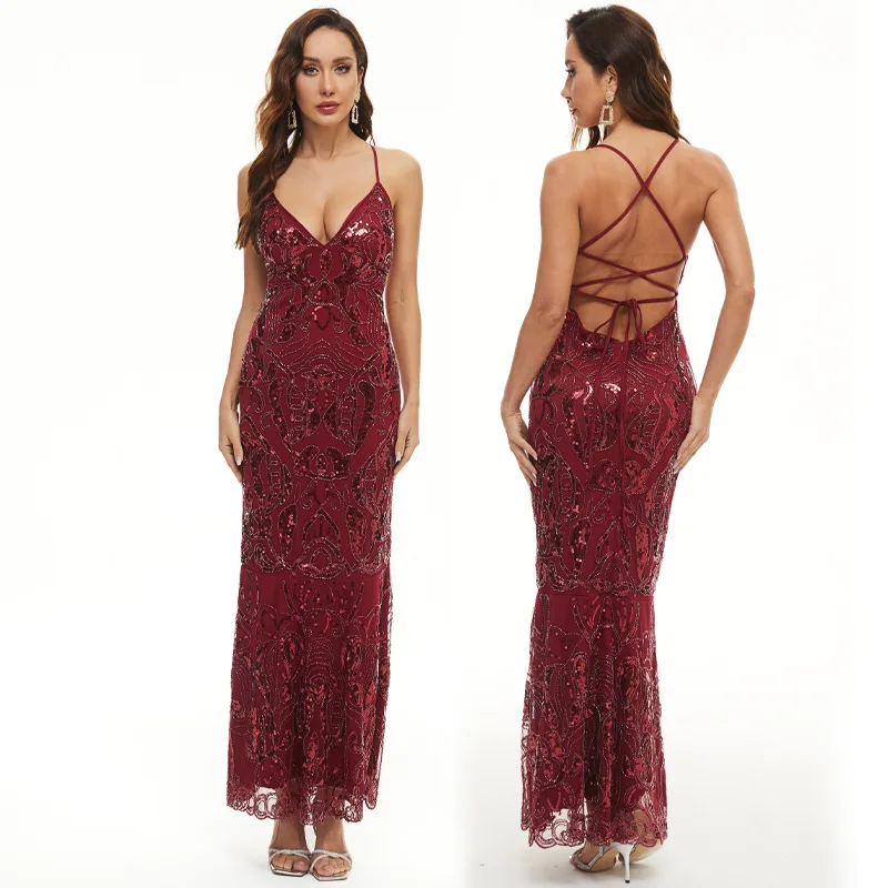 Women Sexy Spaghetti Party Dress V-neck Sleeveless Backless Bandage Evening Dress Elegant Slim Waist Sequined Mermaid Dresses
