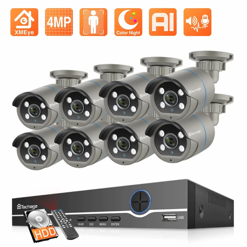 Techage 8CH 4MP POE Security Surveillance Camera System Kit AI Face Detection Audio Record IP Camera H.265 CCTV Video NVR Set