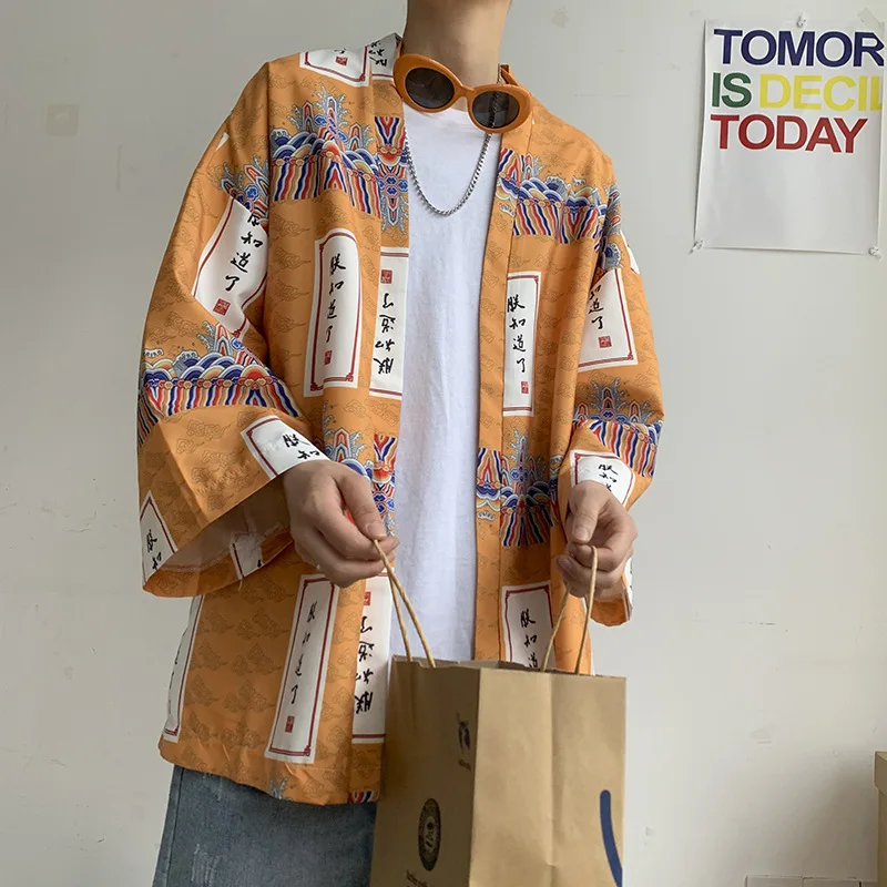 3/4 Sleeve Cotton Men Kimono Robe Casual Loose Hanfu Chinese Style Print Auspicious Clouds Thin Jacket Summer 5XL Home Cardigan