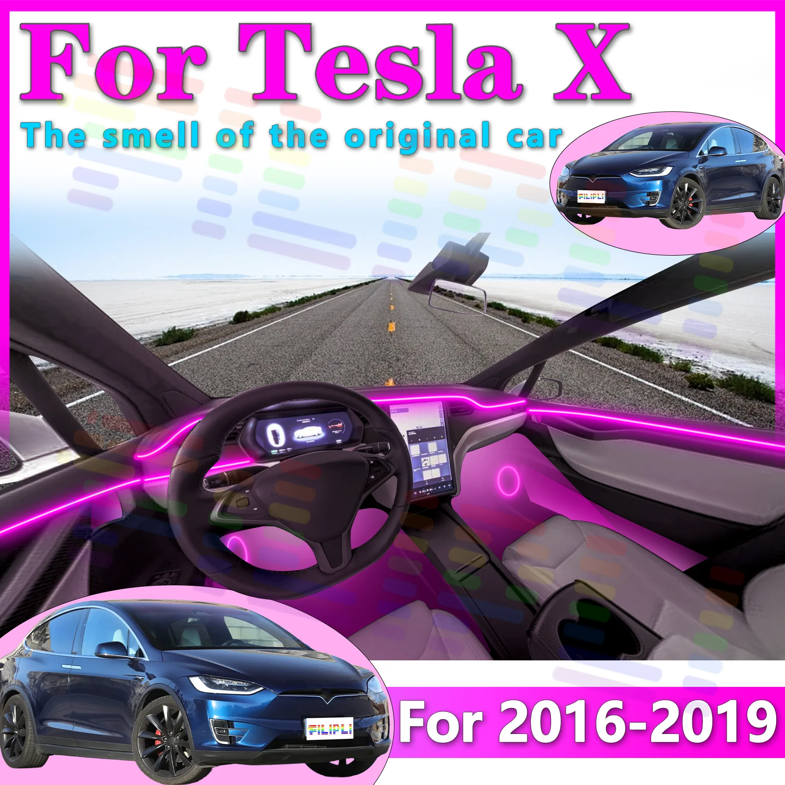 Фото Для Tesla X 2016 2017 2018 2019, профессиональный класс, скрытый автомобиль, светодиодное внутреннее окружающее освещение, RGB, управляемое через приложение, свечение №1