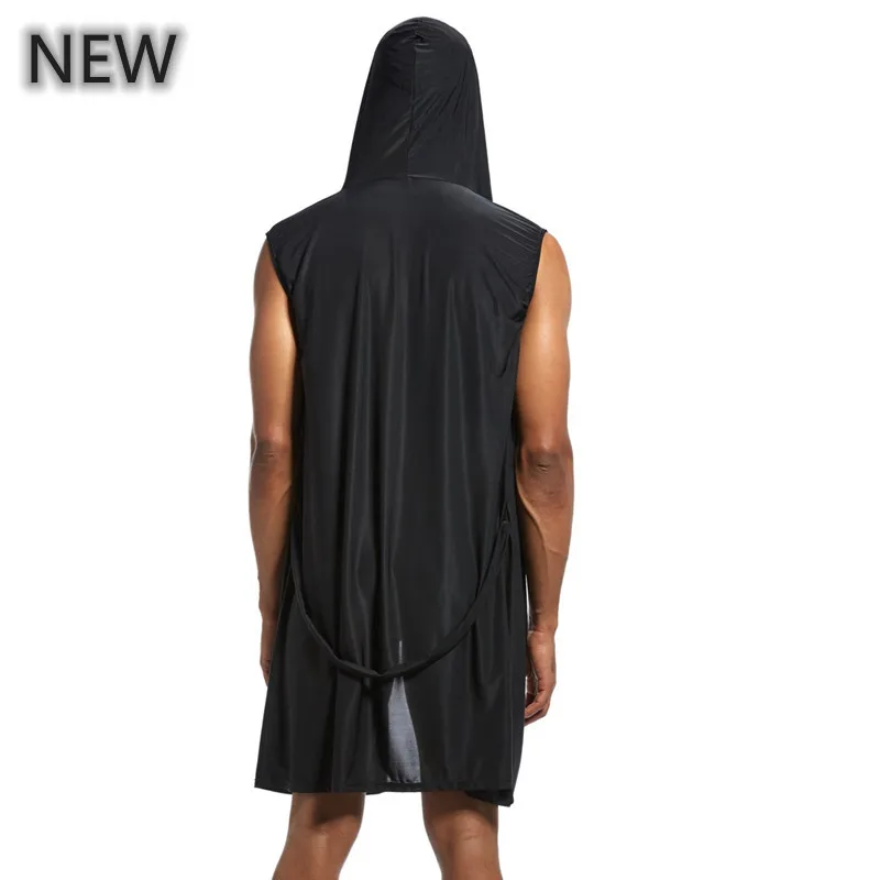 Summer Hoodie Bathrobe Casual/Sexy Gown For Men White/Black Elastic Belt Men's Polyester Sleeveless Cool Fashion Clothes NEWPjs