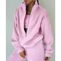 pink women fleece two piece set spring winter sports warm suit casual oversized polo zipper sweatshirt and trouser tracksuit set