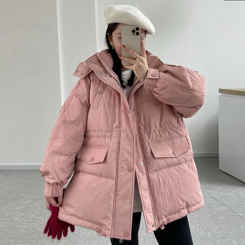 Winter Down Jacket Women's Medium Long Loose Thick Cotton Clothing New White Eiderdown Hooded Waist Jacket Match Everything