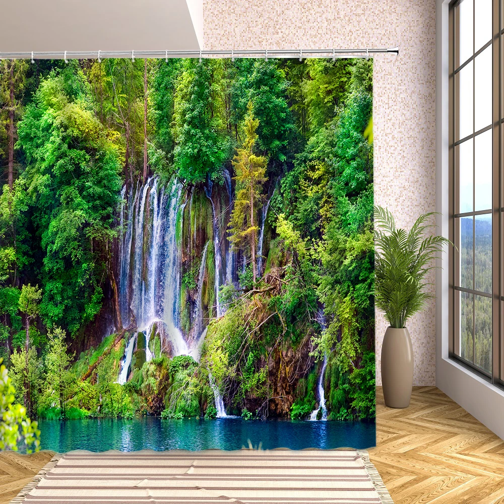 

Tropical Jungle Waterfall Shower Curtain Primeval Forest River Botanical Natural Scenery Bathroom Decor with Hooks Bath Screen