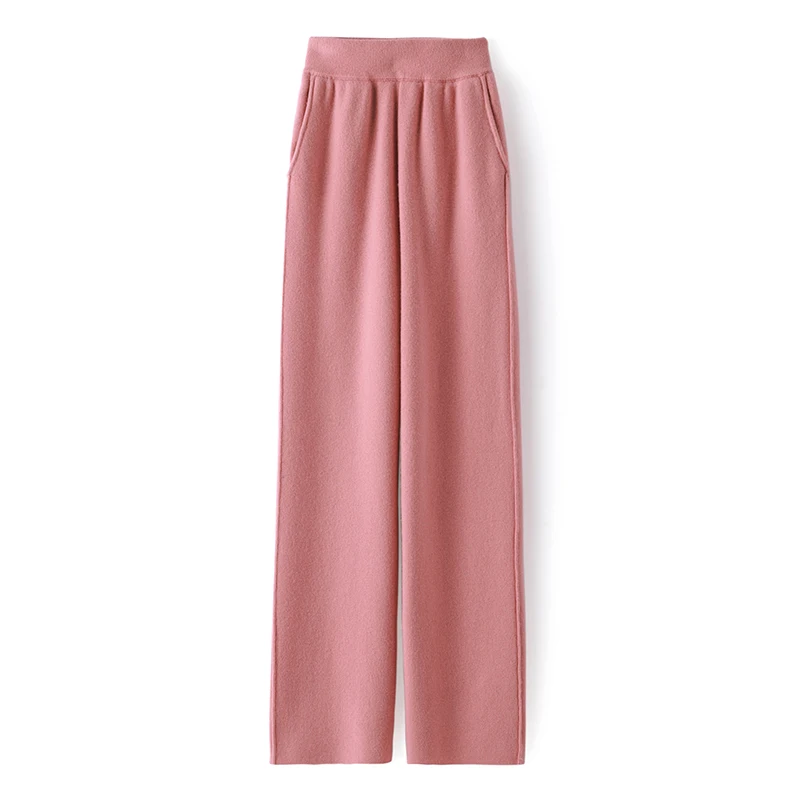 

Брюки женские трикотажные из 100% чистой шерсти, с завышенной талией, повседневные свободные брюки с широкими штанинами, модные шерстяные брюки в Корейском стиле с эластичным поясом