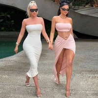 2022 summer women outfits party y2k beach strapless crop top and midi bodycon high split skirt set two piece sexy clubwear