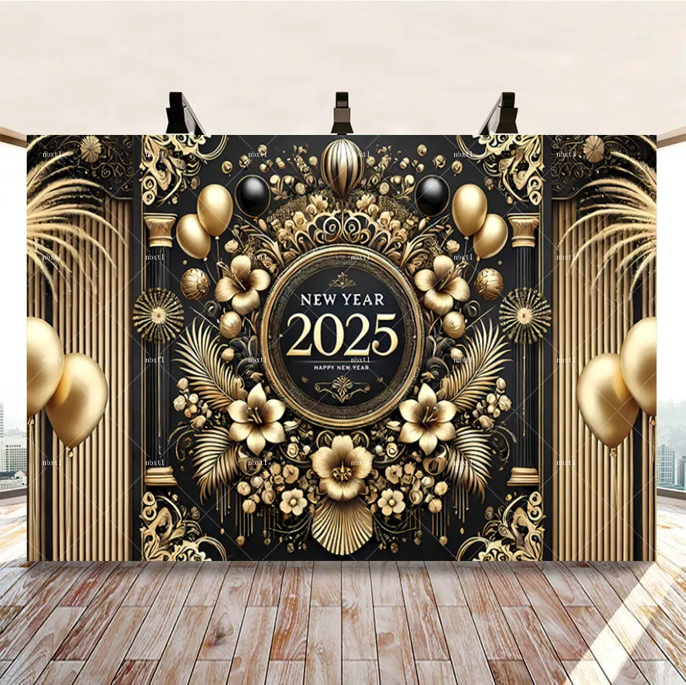 Черное золото 2025 Новогодняя вечеринка фон с обратным отсчетом Корона фейерверк