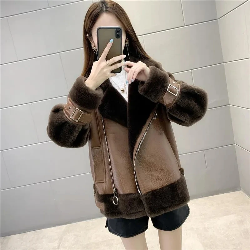 5XL Motorcycle Zipper Outwear Lamb Leather Clothing Autumn/Winter 2021 New Winter Short Thick Cotton Padded Jacket