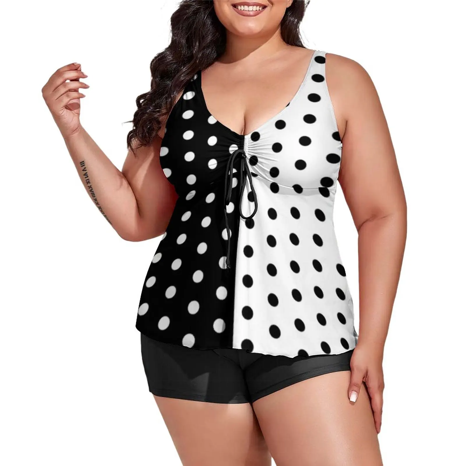 

RetroTwo Tone Tankini Swimsuit Black And White Spotted Beach Swimwear Two Piece Stylish Swimsuits Adjustable Printed Beachwear
