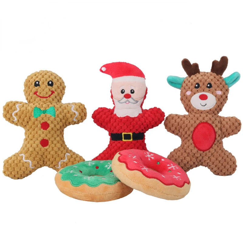 Xmas Pet Dog Plush Noise Chewing Toy Santa Elk Gingerbread Man Donut Cat Christmas Cartoon Cute Puzzle Plush Squeak Toy