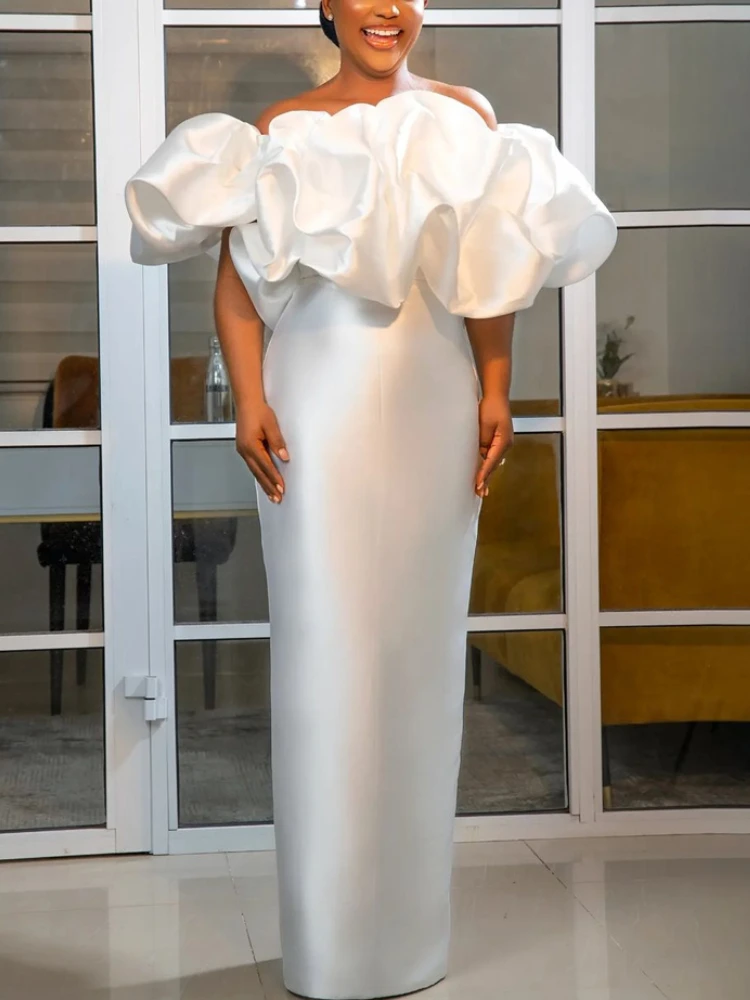 

Fomal White Dresses Off Shoulder Backless Smocked Ruffles Maxi Pencil Elegant African Modest Evening Gowns Large Size Fall 2023