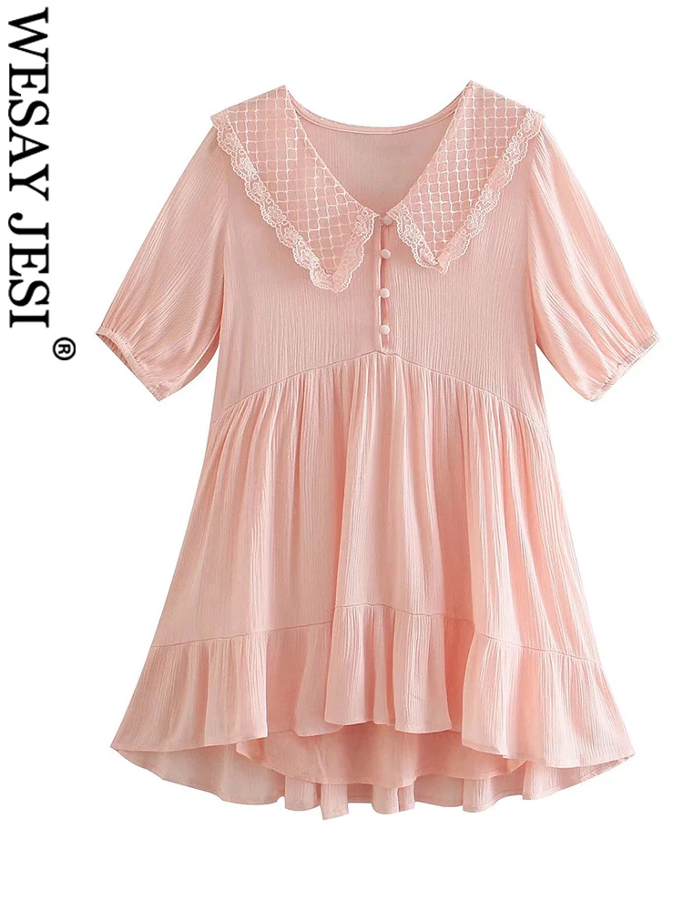 

WESAY JESI Fashion Doll Collar Sweet Short Dress Solid Pink Women Pullover Button Pleated Loose Casual Ruffle College Style